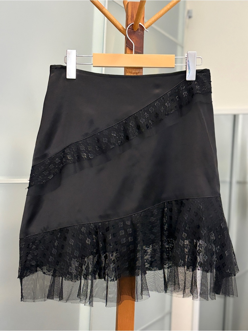 Vintage Unbranded Black Satin Lace Tulle Trim Asymmetric Ruffle Mini Skirt M